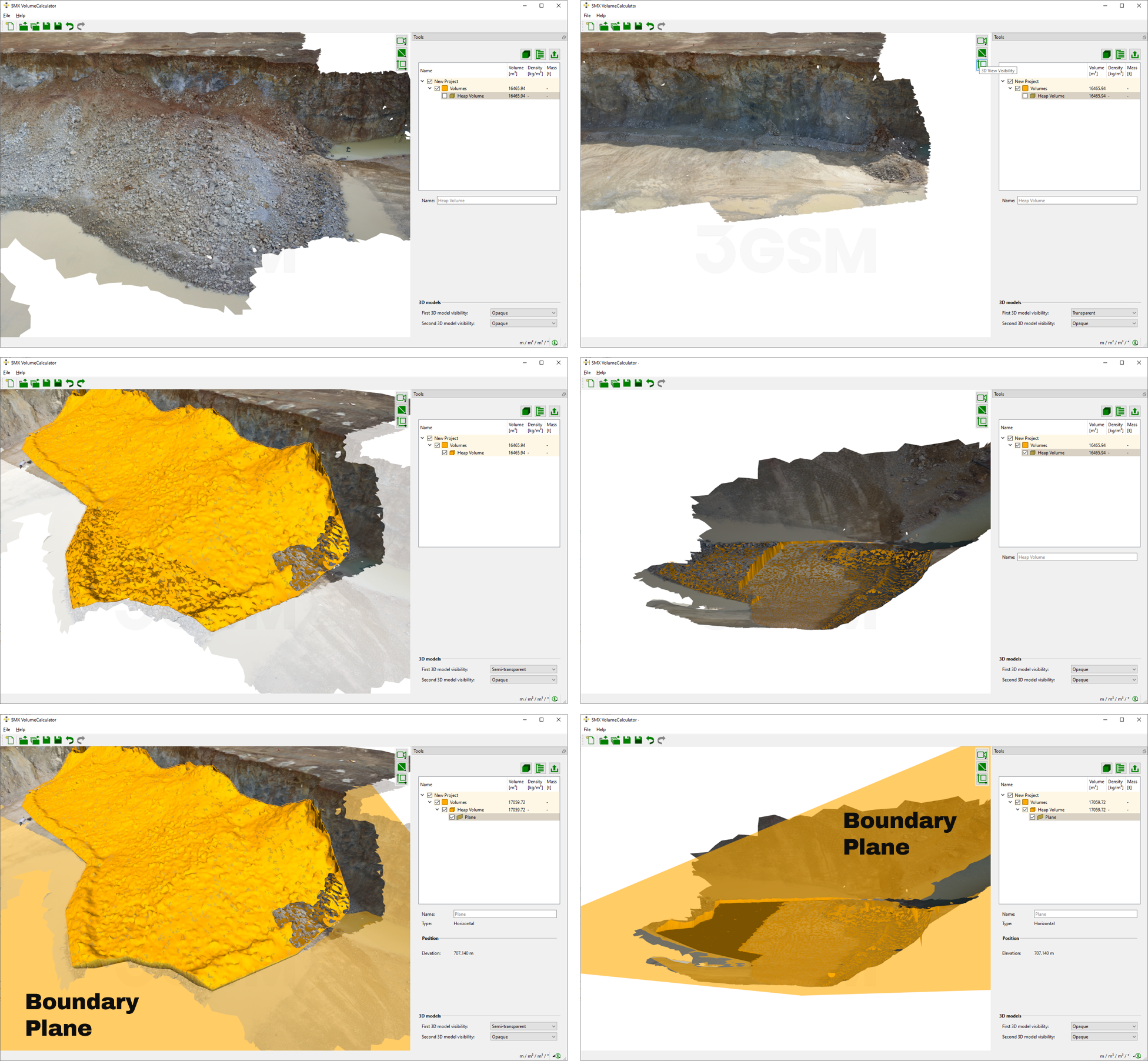Top left and right: First and second 3D model. Middle left and right: Volume calculation whereas the areas of the second surface are missing. Bottom: Adding a Boundary Plane overcomes this issue and missing areas is replaced by the Boundary Plane and used for volume calculation.