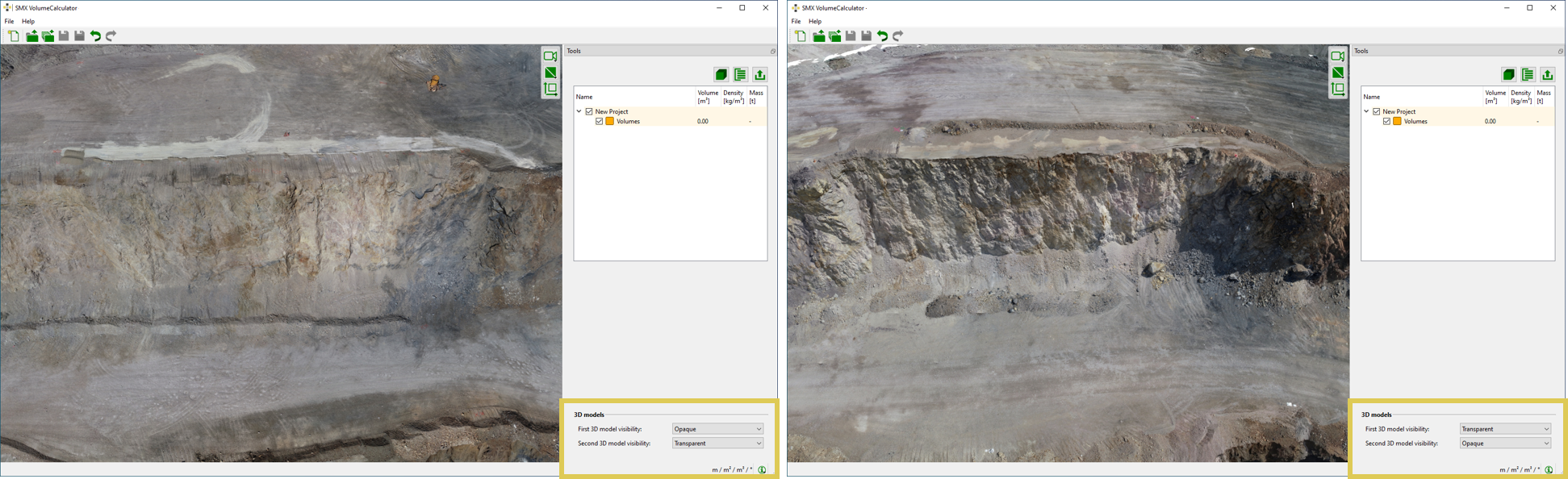 Loaded 3D models of a quarry:&nbsp; pre (left) and post (right) situation