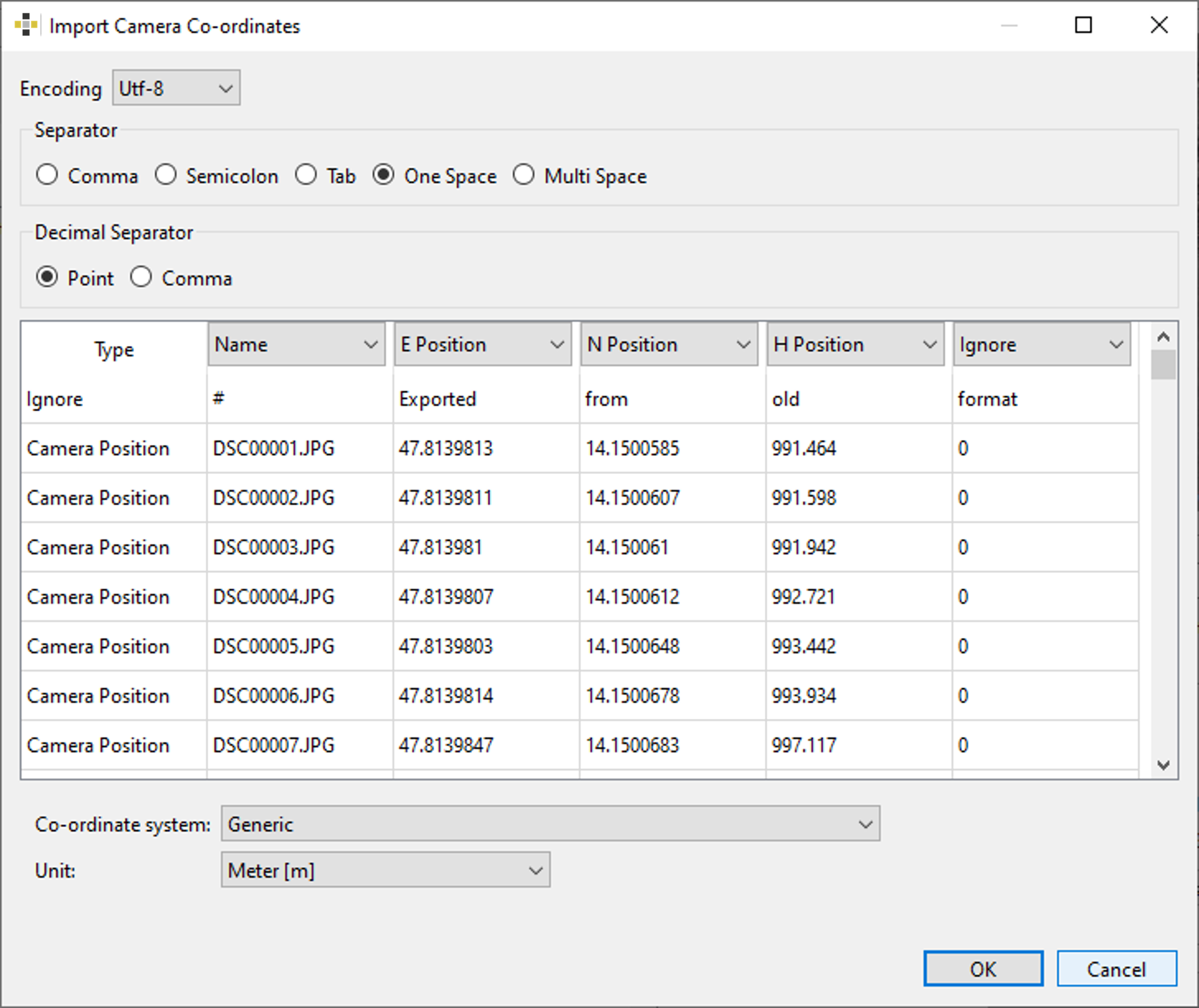 Import of camera co-ordinates dialog - Generic import