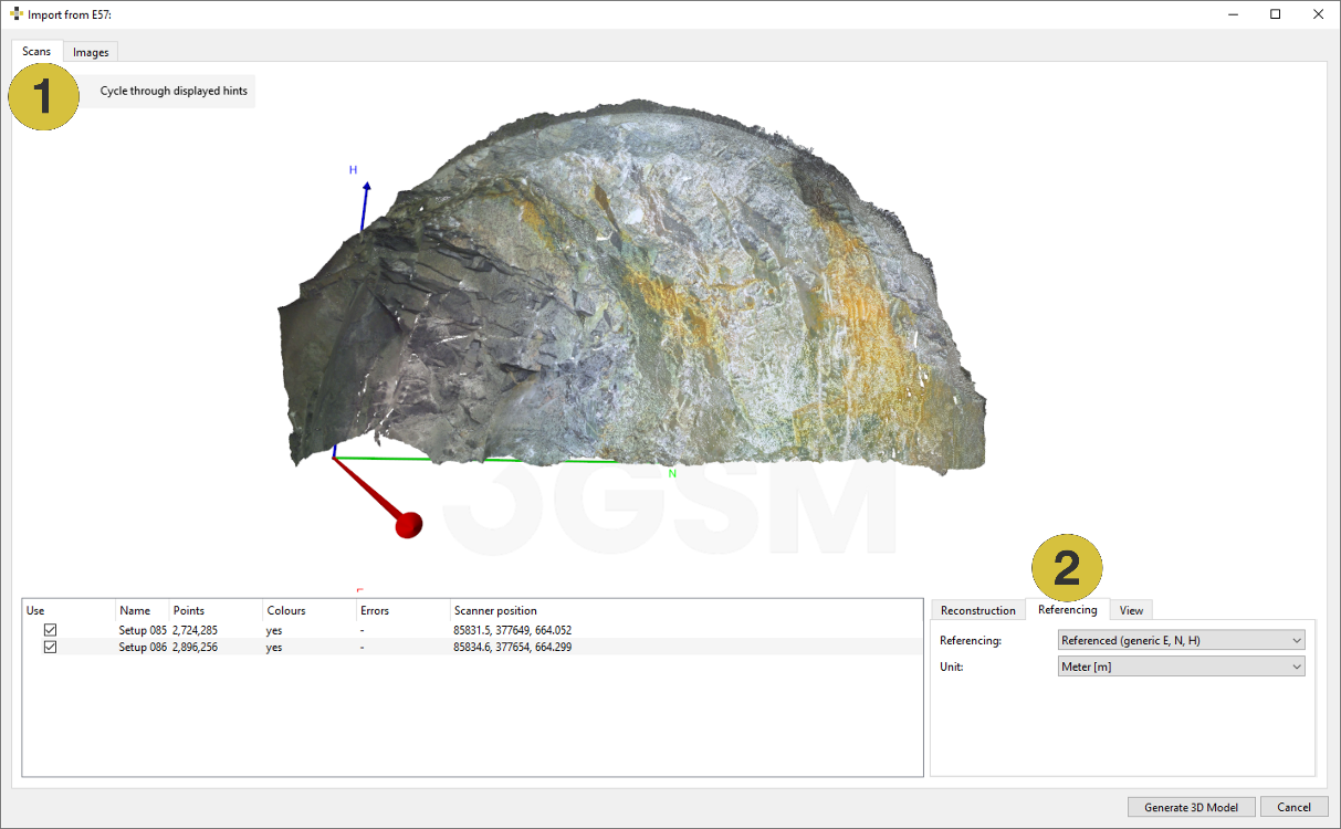 Import from E57 – Referencing settings