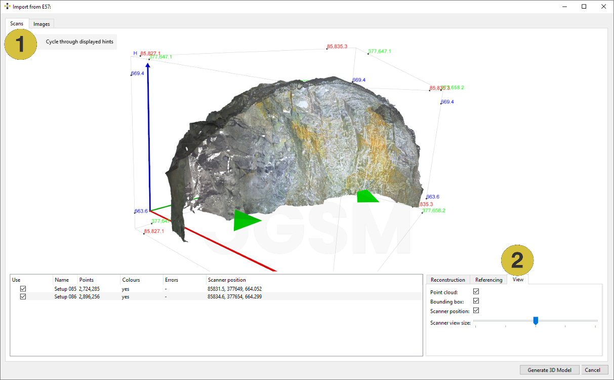 Import from E57 – View settings