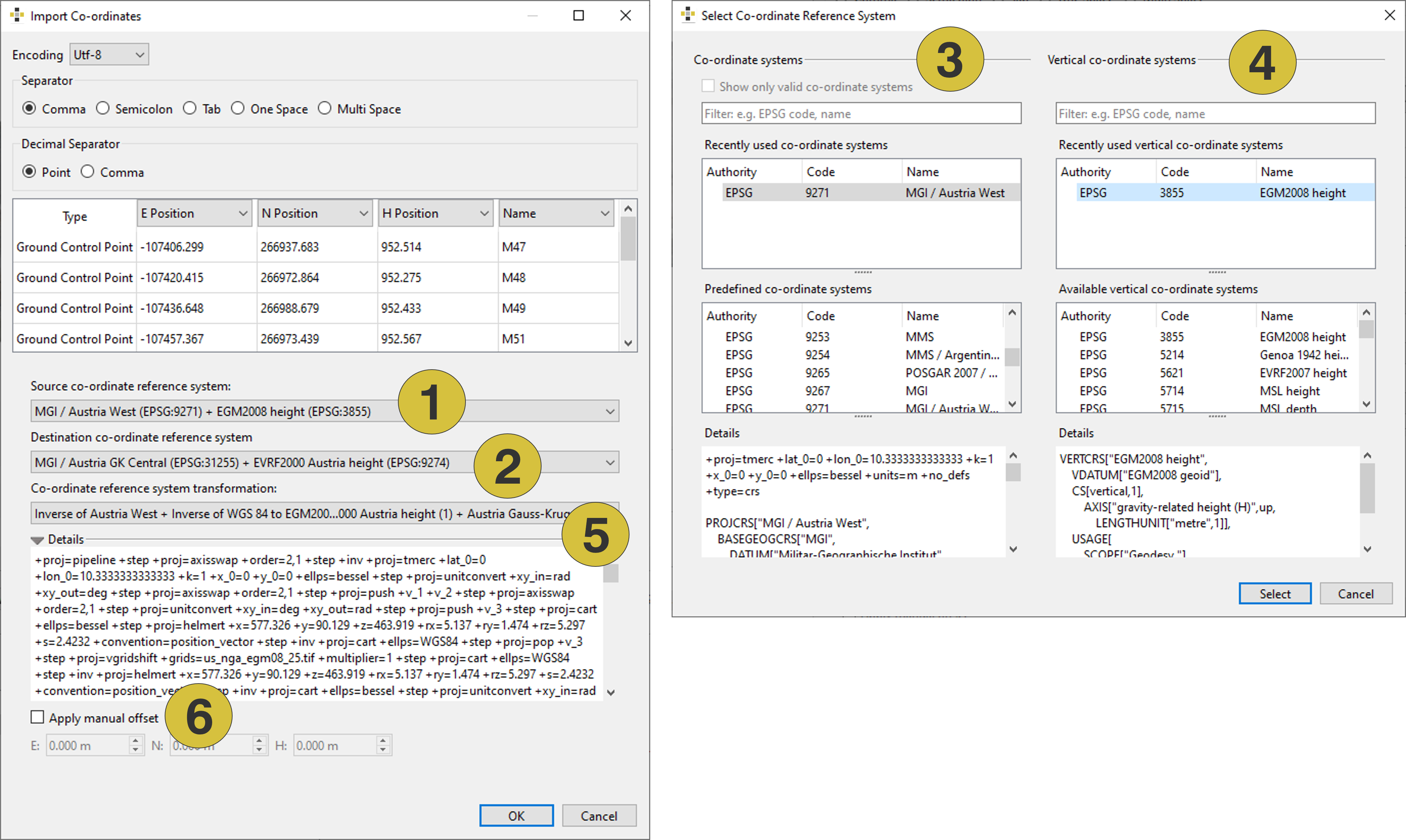 Import of co-ordinates – specific co-ordinate system import and CRS transformation