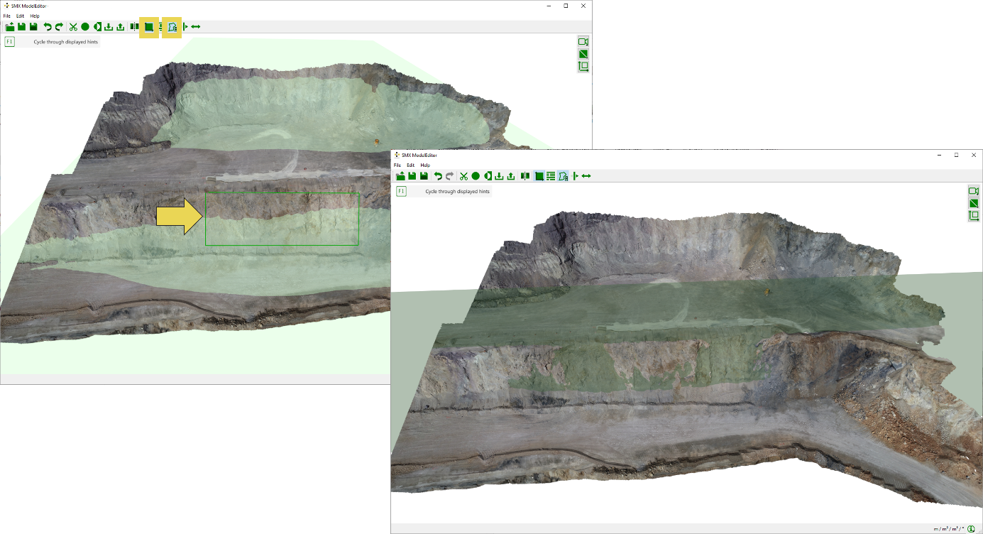 Definition of the Reference Plane: Selection of a polygonal region (left); matching Reference Plane for selected region (right).
