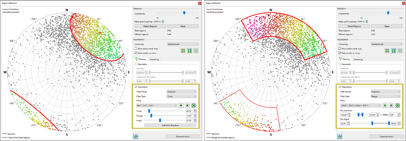Orientation filter; • Filter Mode (pull-down menu) o Inclusive: regions in the entered range will be included o Exclusive: regions in the entered range will be excluded • Filter Type (pull-down menu) o Cone Trend (range slider) Plunge (range slider) Angle (range slider) o Range Dip direction (range sliders) + Offset Dip angle (range sliders) o Multiple filters (available for Cone and Range filters) Add Filter Remove Filter Remove All Filters • Get from structure: defines the initial value (dip direction, dip angle) for the filter settings from a measured structure on the 3D model by the following procedure: o Select a Structure Measurement (Orientation, Trace, Area) in the Structure Set or 3D model by clicking the mouse o Click the “Get from Structure” button and the filter values are taken from the measurement