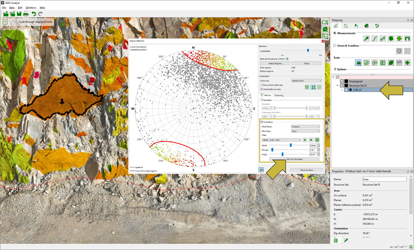 Settings for orientation filter from a structure measurement