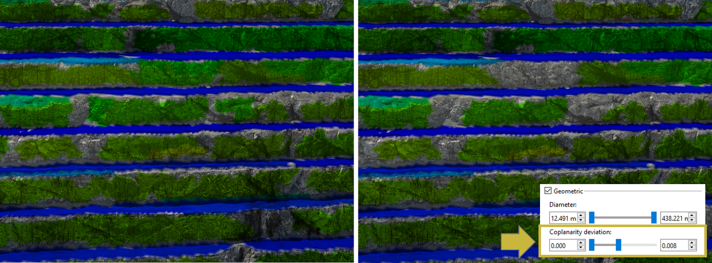 Geometric filter Coplanarity Deviation. Less planer surfaces are filter by limitation of the deviation value.