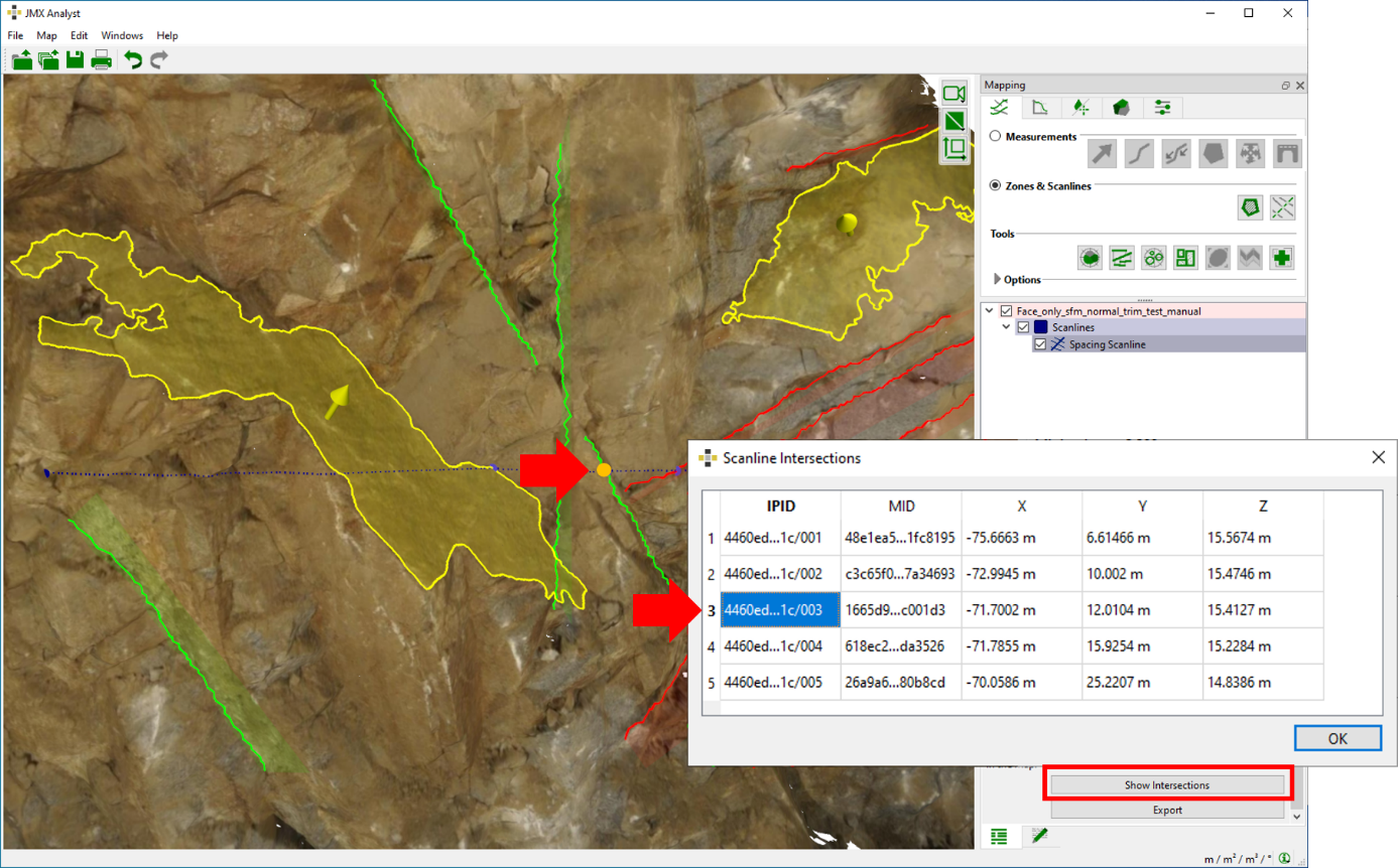 Scanline annotation in the 3D viewer. The Scanline is a blue dashed line. If it is selected, intersection points are highlighted as blue markers. Note the highlighted intersection point (yellow sphere).