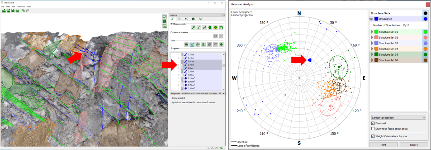 Selection of single poles in the hemispherical plot using the left mouse button. The corresponding entries are highlighted in the Structure List and on the 3D model. The measurements are found on the 3D model using the “Seek to” function of the context menu for the Annotation Element.