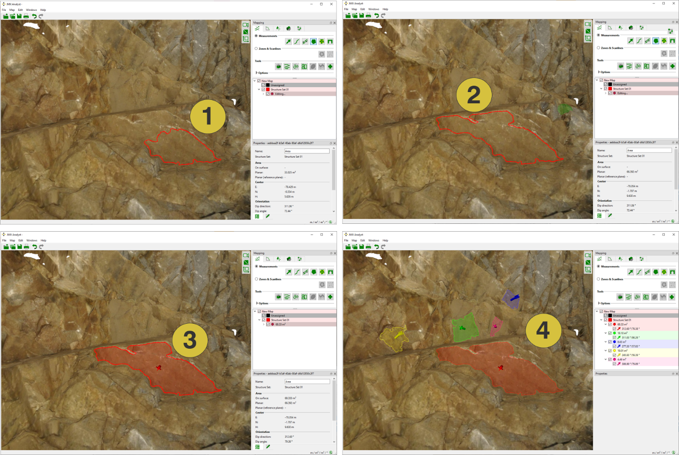  Region Grow: Region is defined by a polygon (1). Joint planes not perfectly planar may require extension of the Region Grow by defining additional seed points (2). Accepted region is automatically shaded and the normal vector of the area is displayed (3). 3D model assessed with several Region Grows&nbsp;(4). 