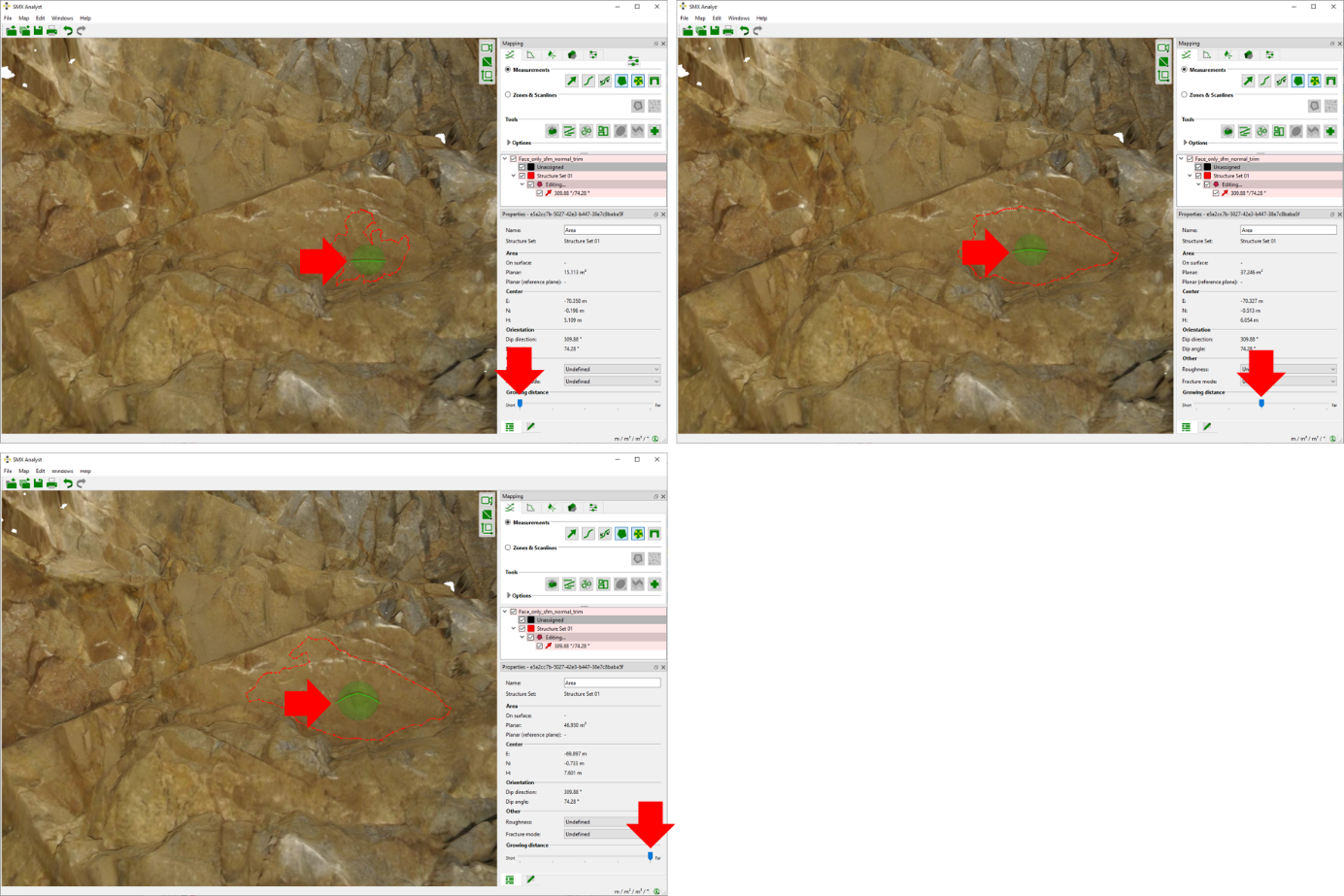 Region Grow with different Growing Distances: short (top left), intermediate (top right), far (bottom left). 