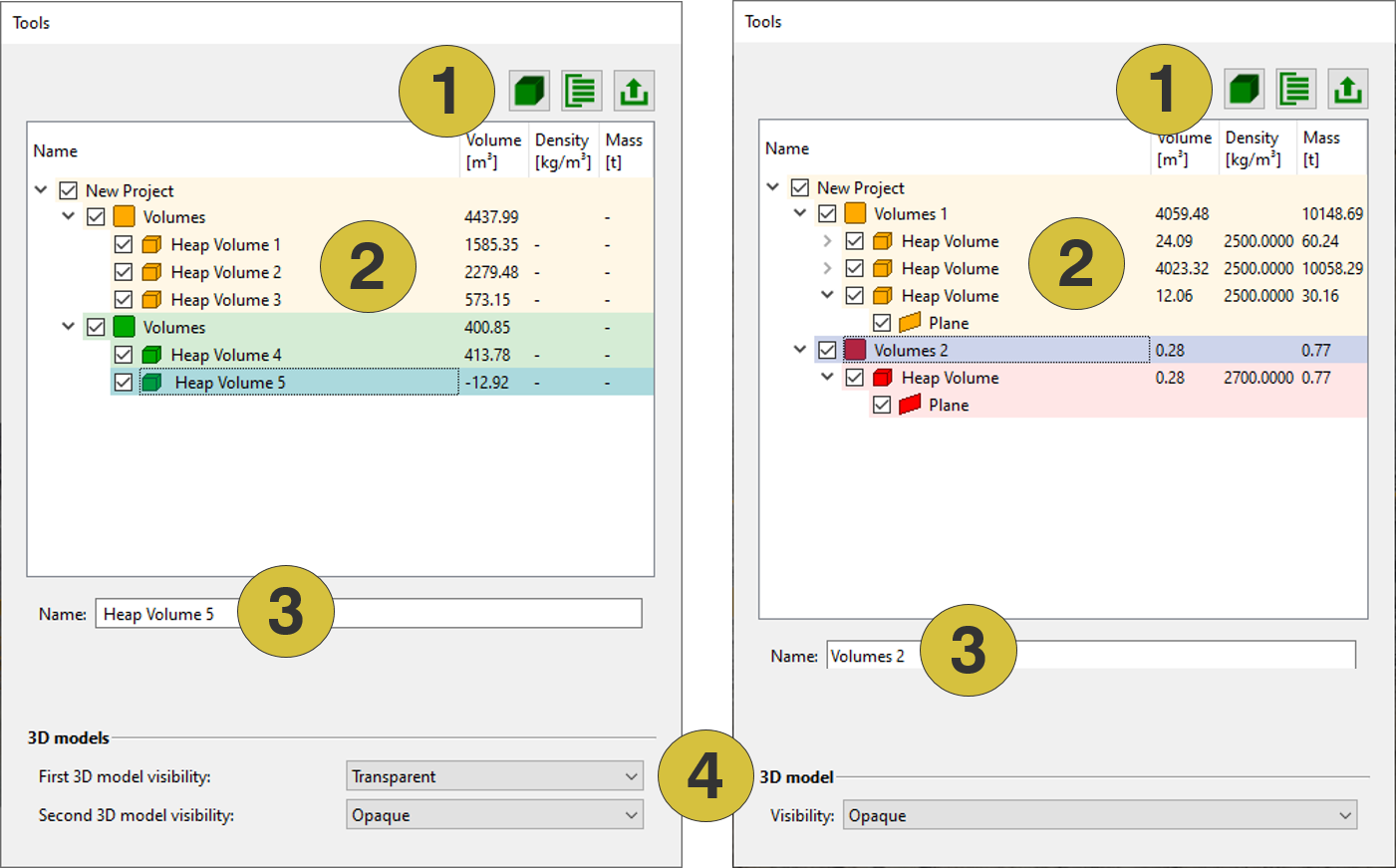 Left: Tools pane Heap Mode (Two Models). Right Tools pane Heap Mode (One Model)