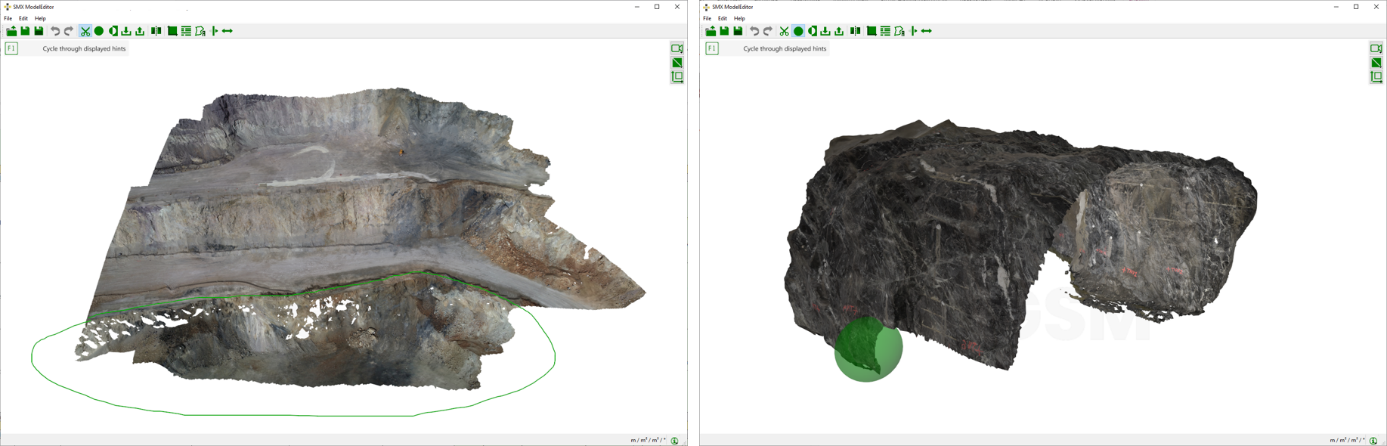 Region to delete. Left: enclosed by a polygon (green solid line). Right: enclosed by a (green) sphere