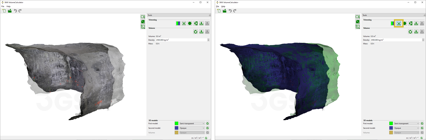 Left: 3D models (first and second) in the 3D viewer. Right: The 3D models are displayed with a colour overlay after activating the trimming procedure.