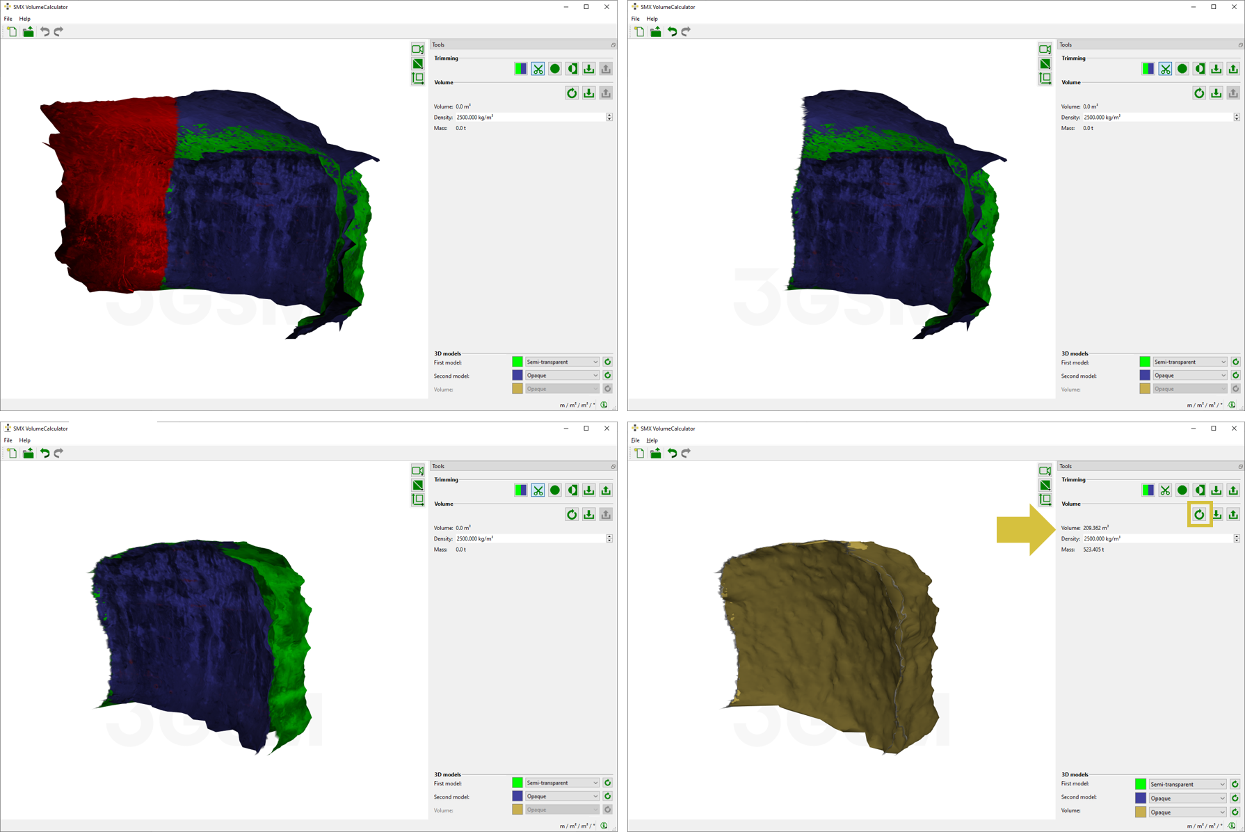 Top left: Region to delete enclosed by a polygon- Top right: Trimming of the 3D model. Bottom left: Trimmed 3D models. Bottom Right: Volume body.
