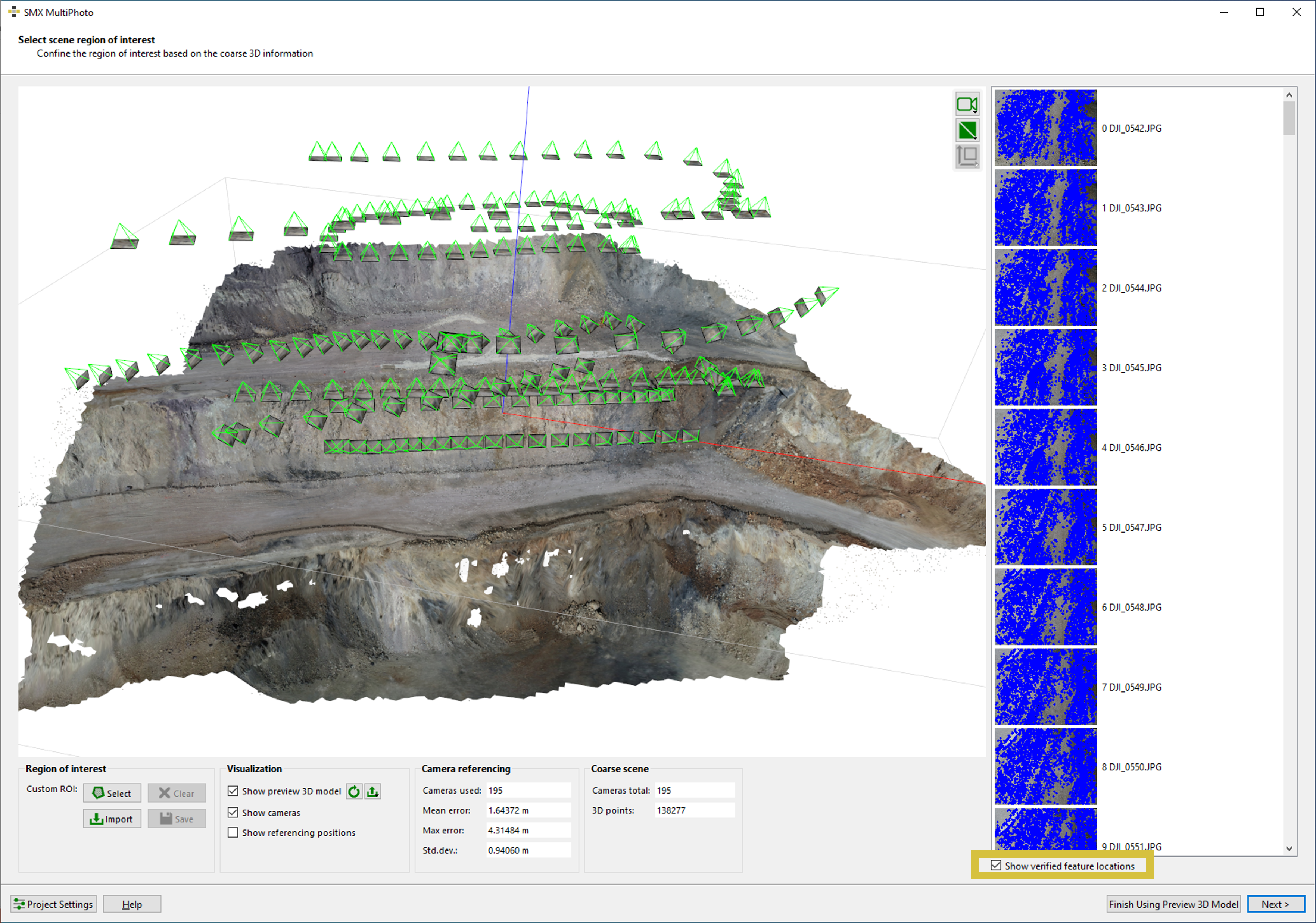 Verified feature locations are outlined in blue in the individual images by activating the corresponding checkbox