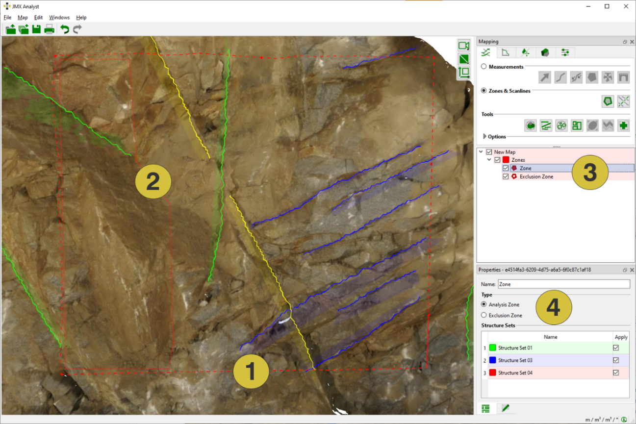 Analysis Zone (red dashed line) and Exclusion Zone (red dotted line) for Trace Map Analysis