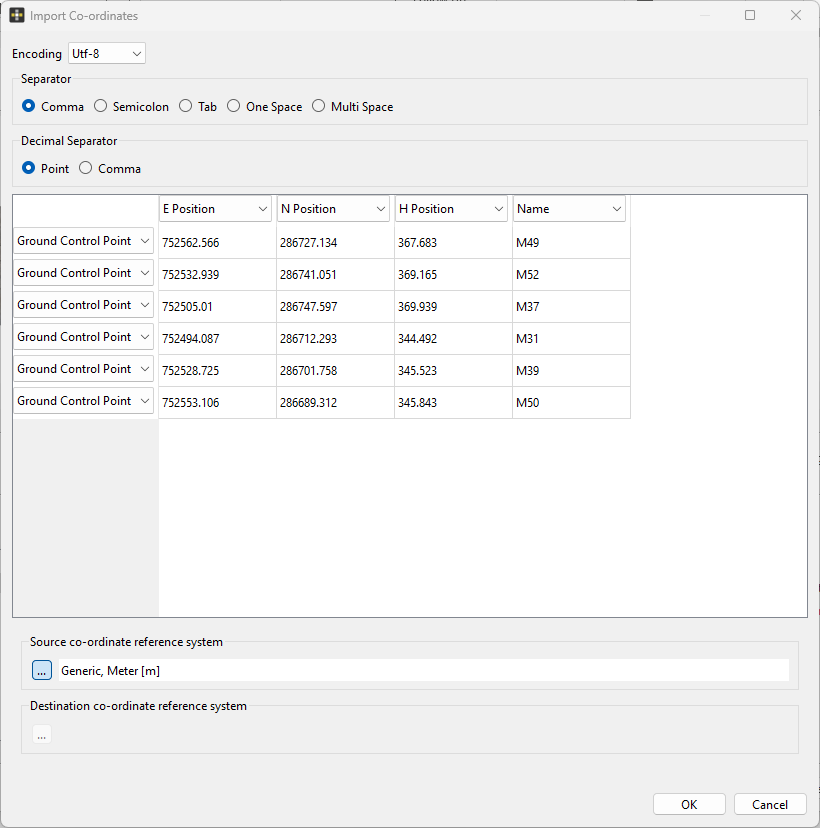 import coordinates dialog