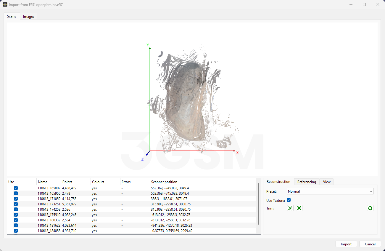 import from E57 dialog