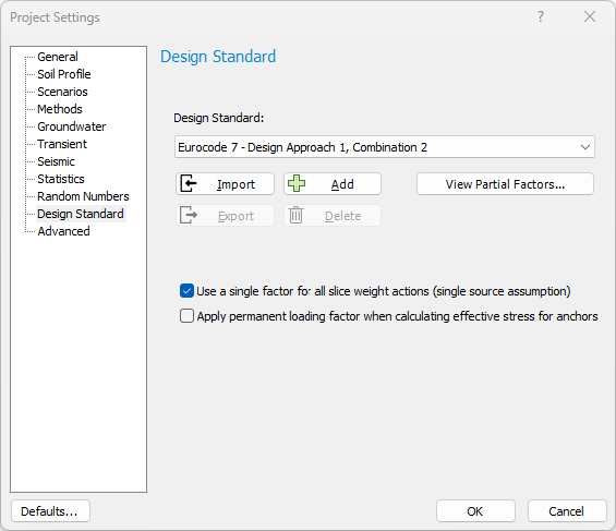 Project Settings Dialog - Design Standard Tab