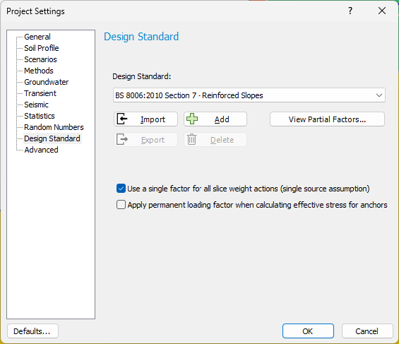 Project Settings Dialog - Design Standard Tab