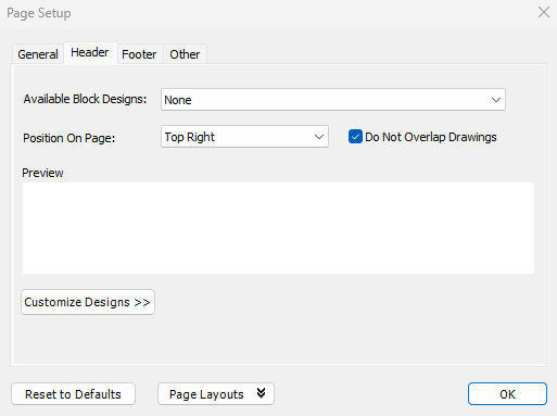 Page Setup Dialog - Header tab