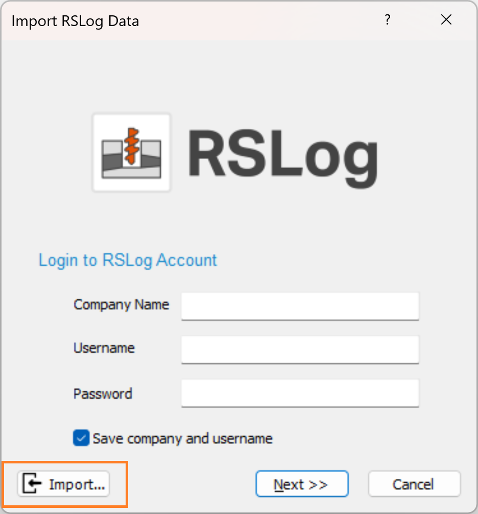Import RSLog Data - Login dialog