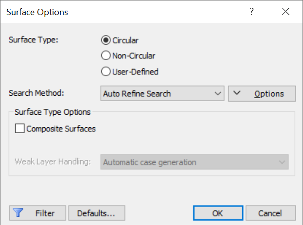 Surface options dialog