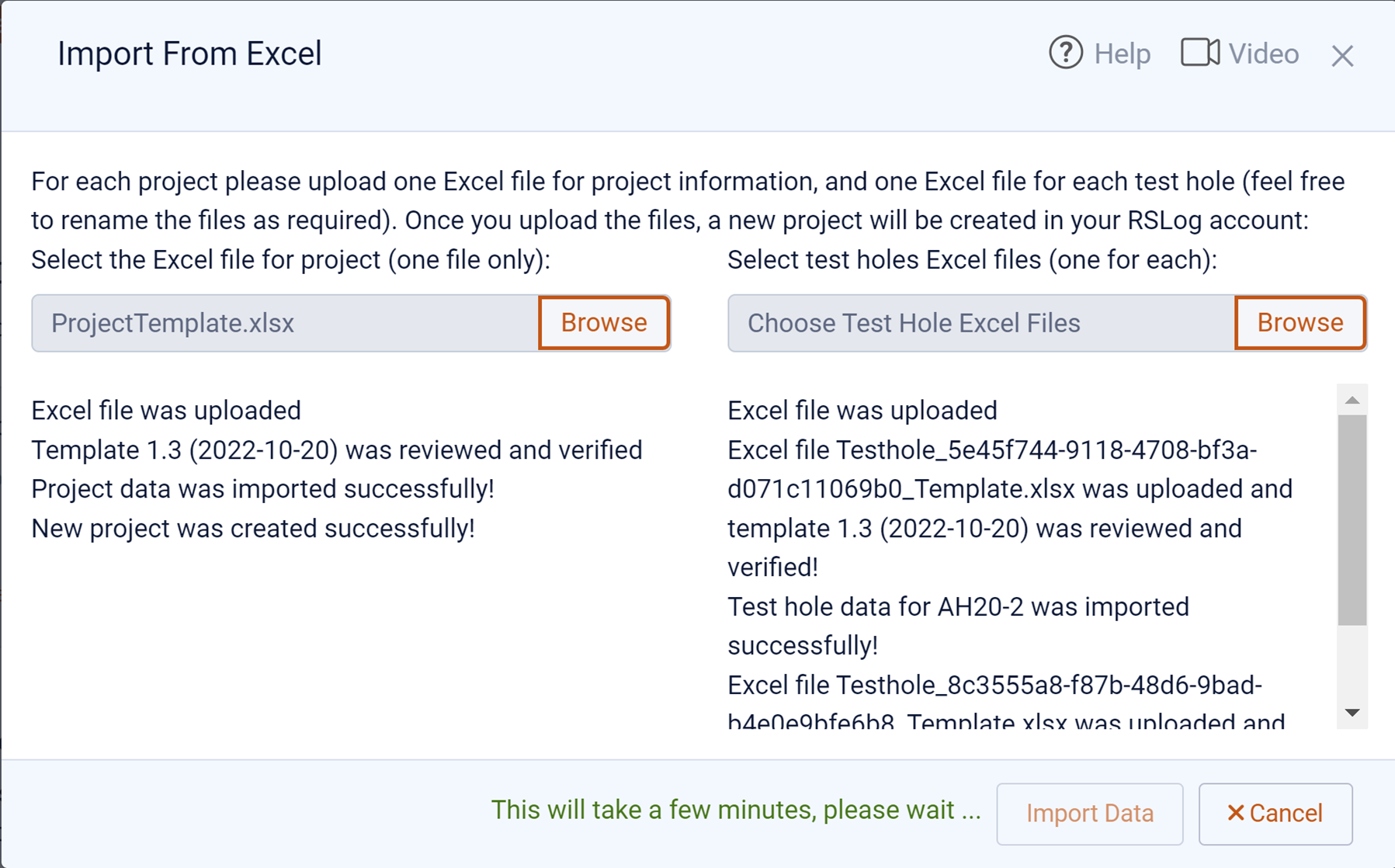 Import from excel dialog
