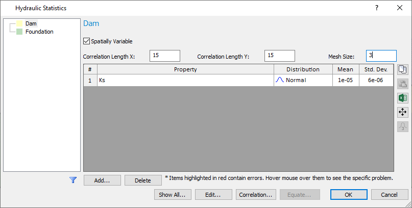 hydraulic statistics dialog