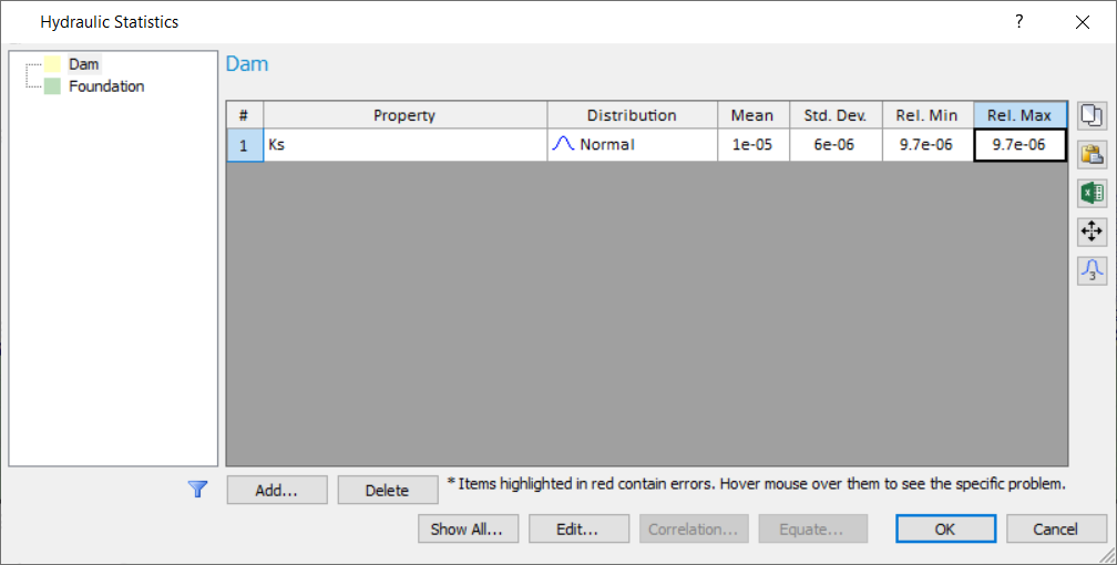 hydraulic statistics dialog