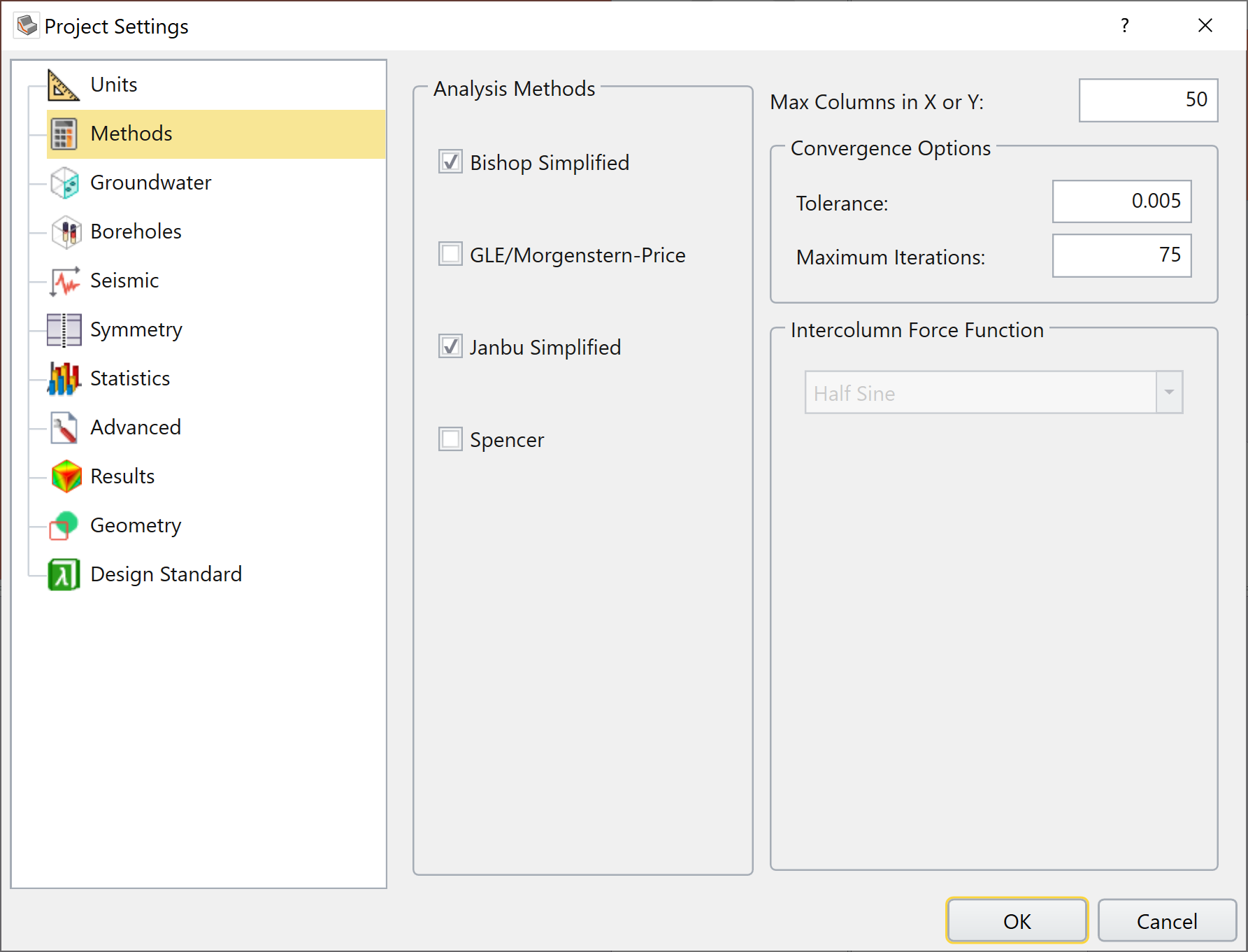 Project settings dialog - methods tab