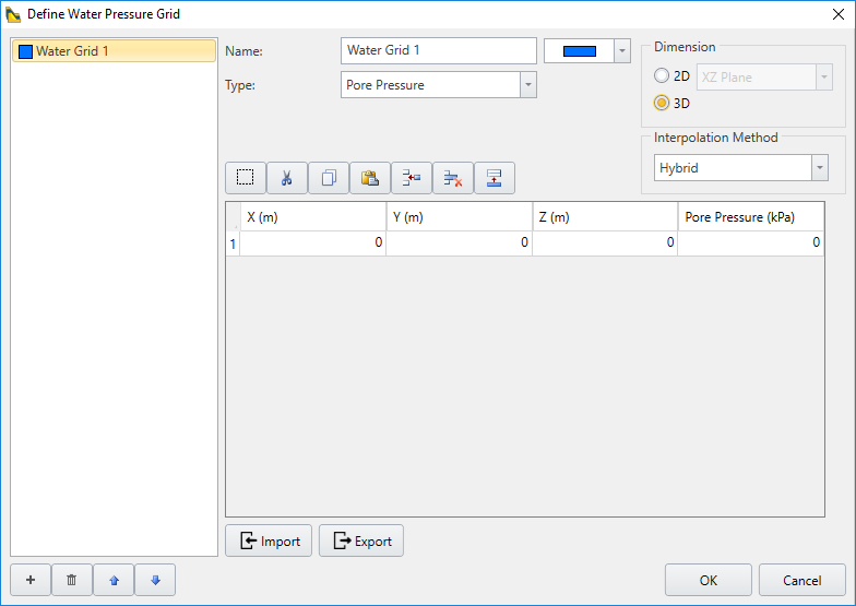 Define Water Pressure Grid Dialog