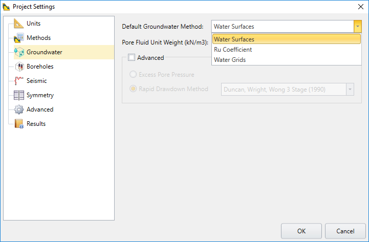 Project Settings Dialog: Groundwater Tab