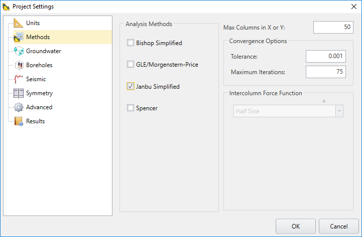 Project Settings Dialog: Methods Tab