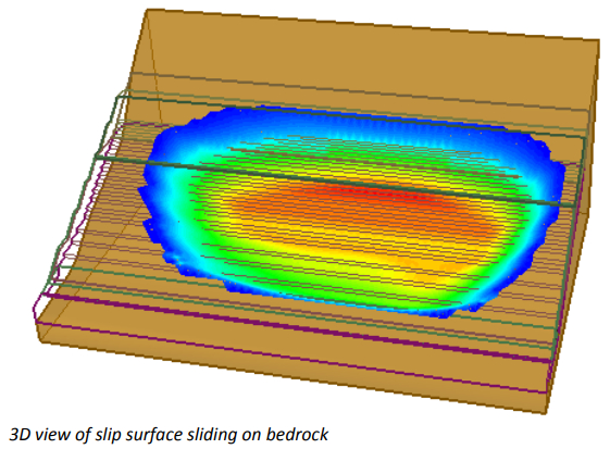 3D View of Slip Surface Sliding on Bedrock (front)