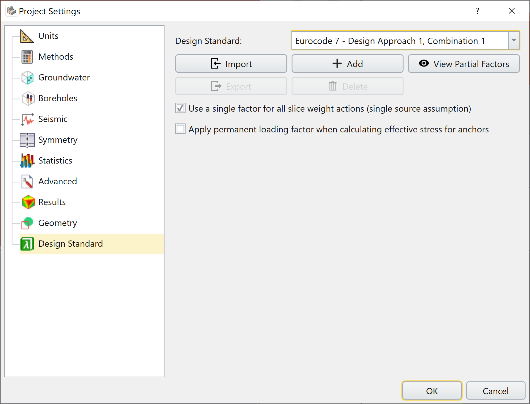 Project Settings - Design Standards tab with Eurocode 7: Approach 1, Combination 1 selected