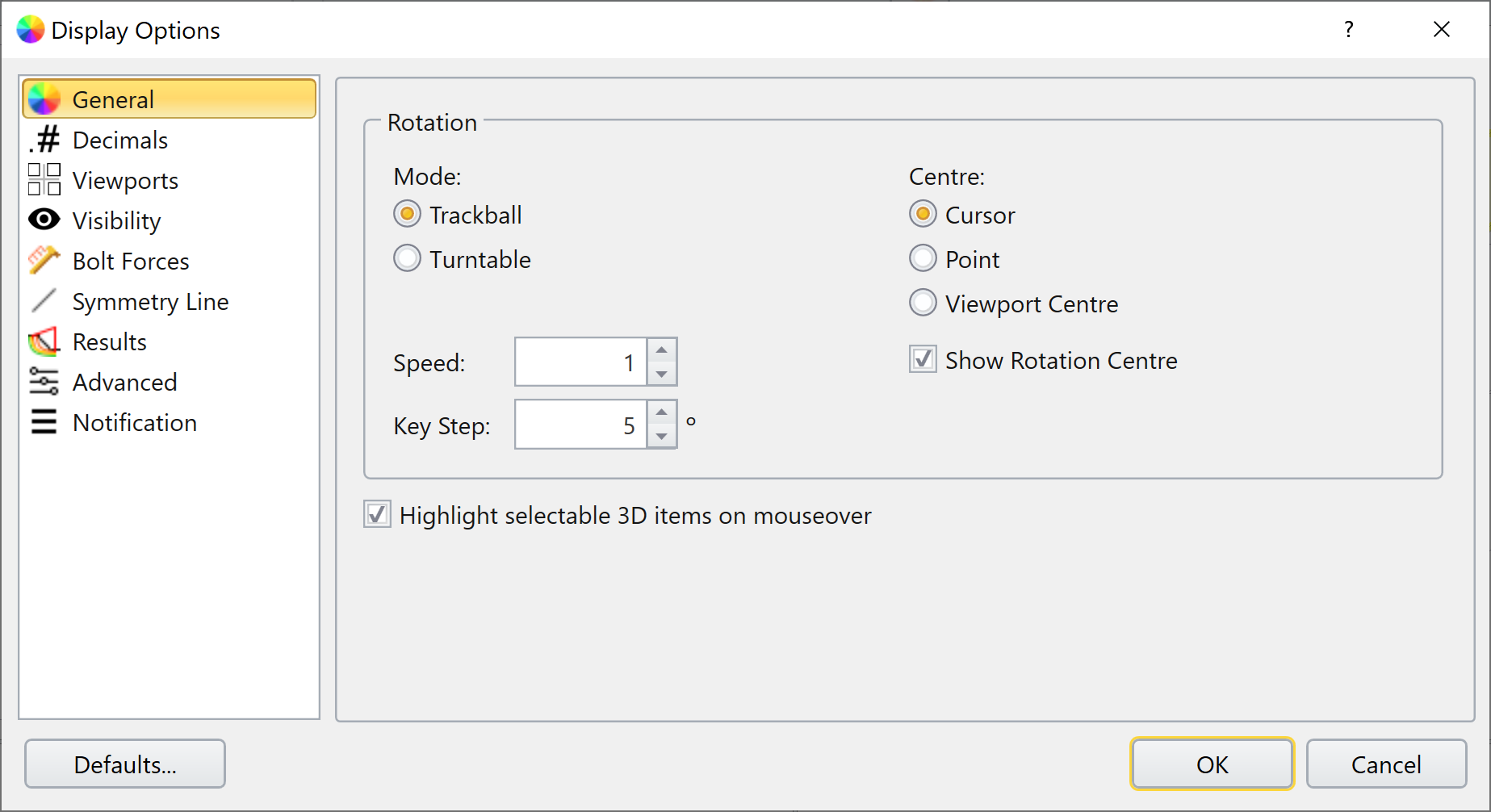 Display Option General Tab