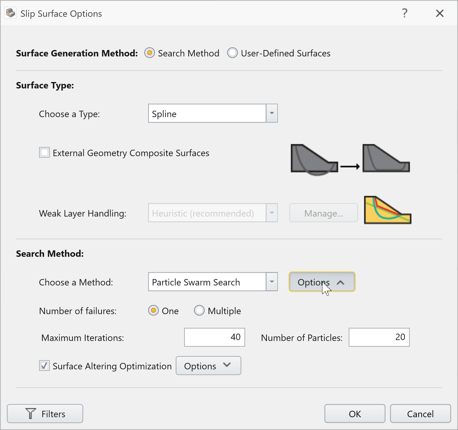 Slip Surface Options dialog with default settings