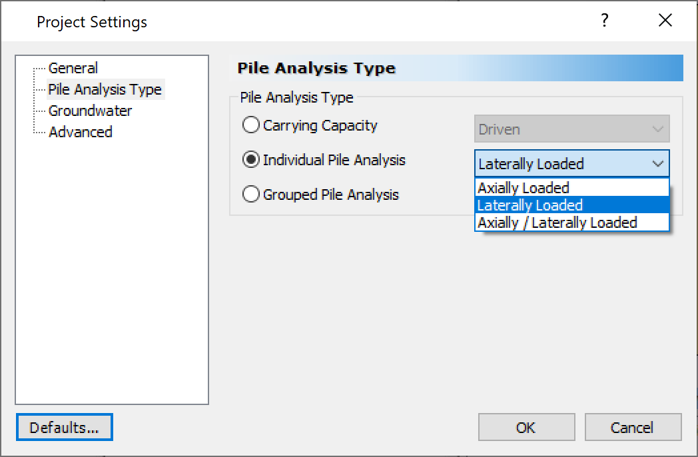 Pile Analysis Type Project Settings