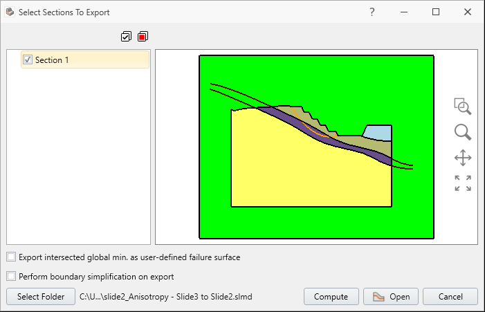 Export section to Slide2 dialog
