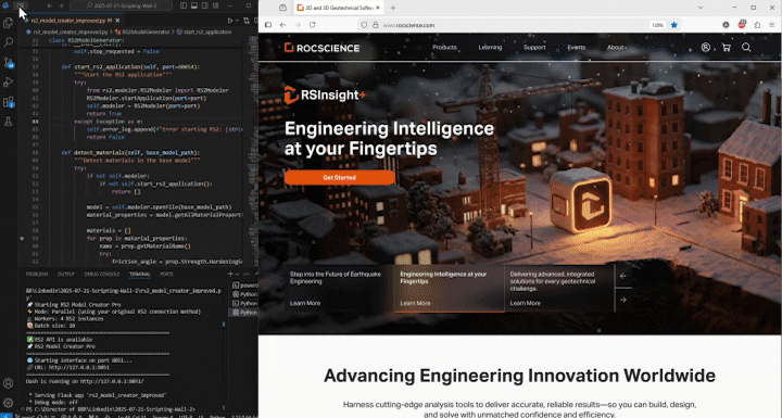 Automated generation of thousands of RS2 models using Python scripting, with multiple RS2 Modeler instances running in parallel to reduce setup time.