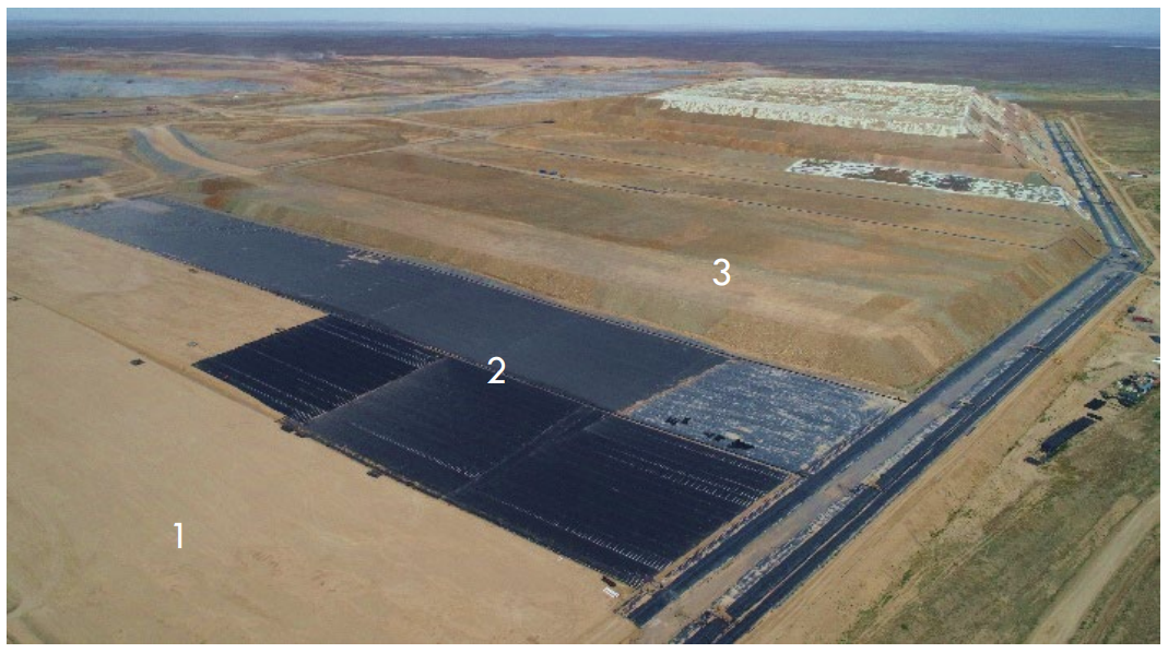 Figure 2. HLP construction sequence: 1. Engineered fill base and clay underliner with ≥1% gradient; 2. LLDPE installed on clay underliner; 3. Coarse overliner and initial oxide ore lift.