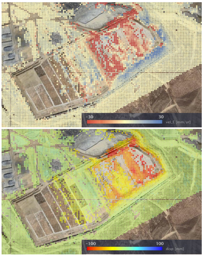 Figure 3. Heap leach pad InSAR data after completion of five lifts on the eastern end. Top: East-West Horizontal Deformation. Bottom: Vertical Deformation.