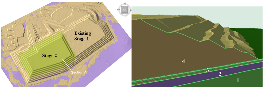 Figure 4. 3D LEM model in plan view with existing HLP Stage 1 and planned Stage 2 lifts, with an overall slope angle of 20°.