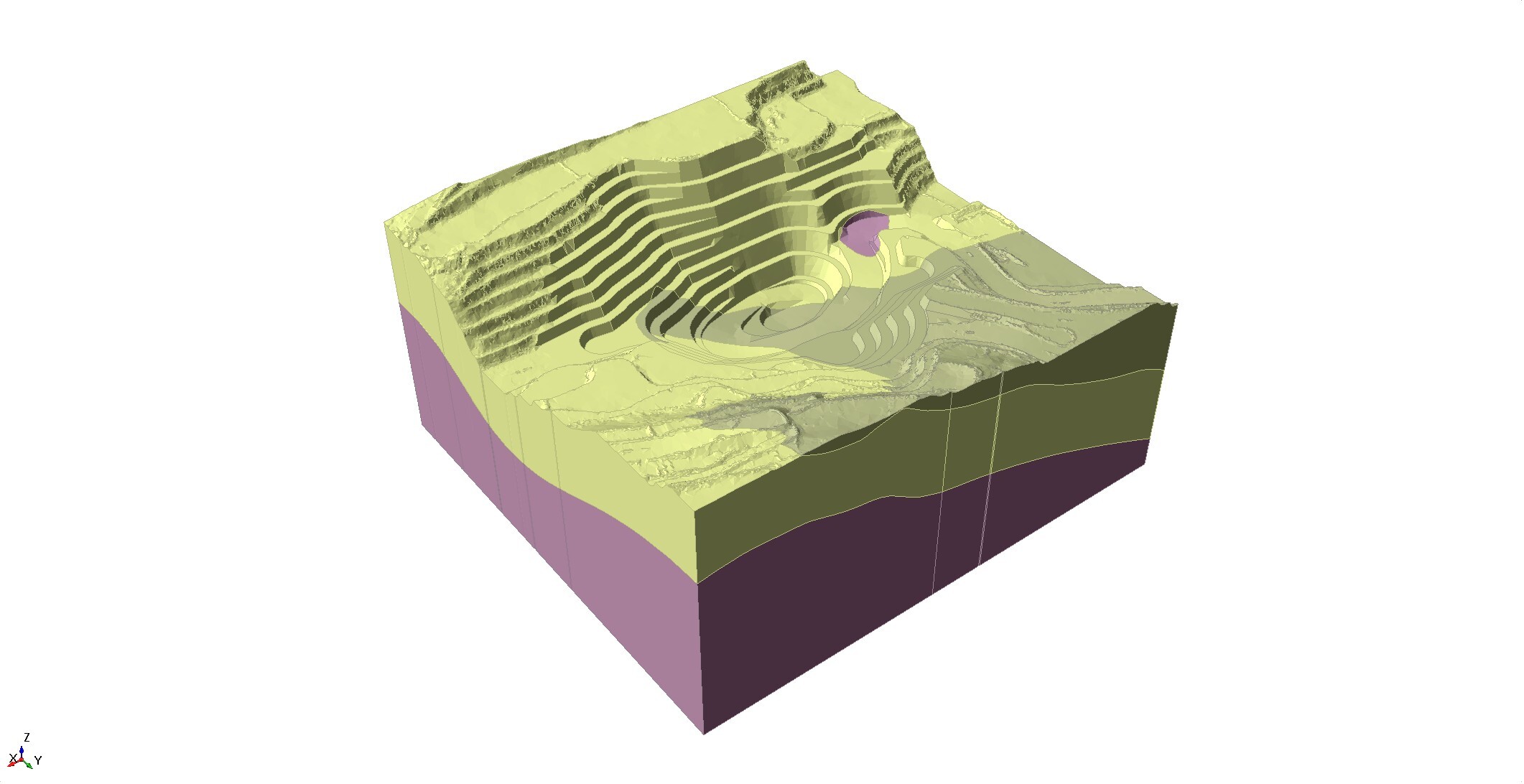 Figure 1. Open-pit geometry and material regions in RS3.