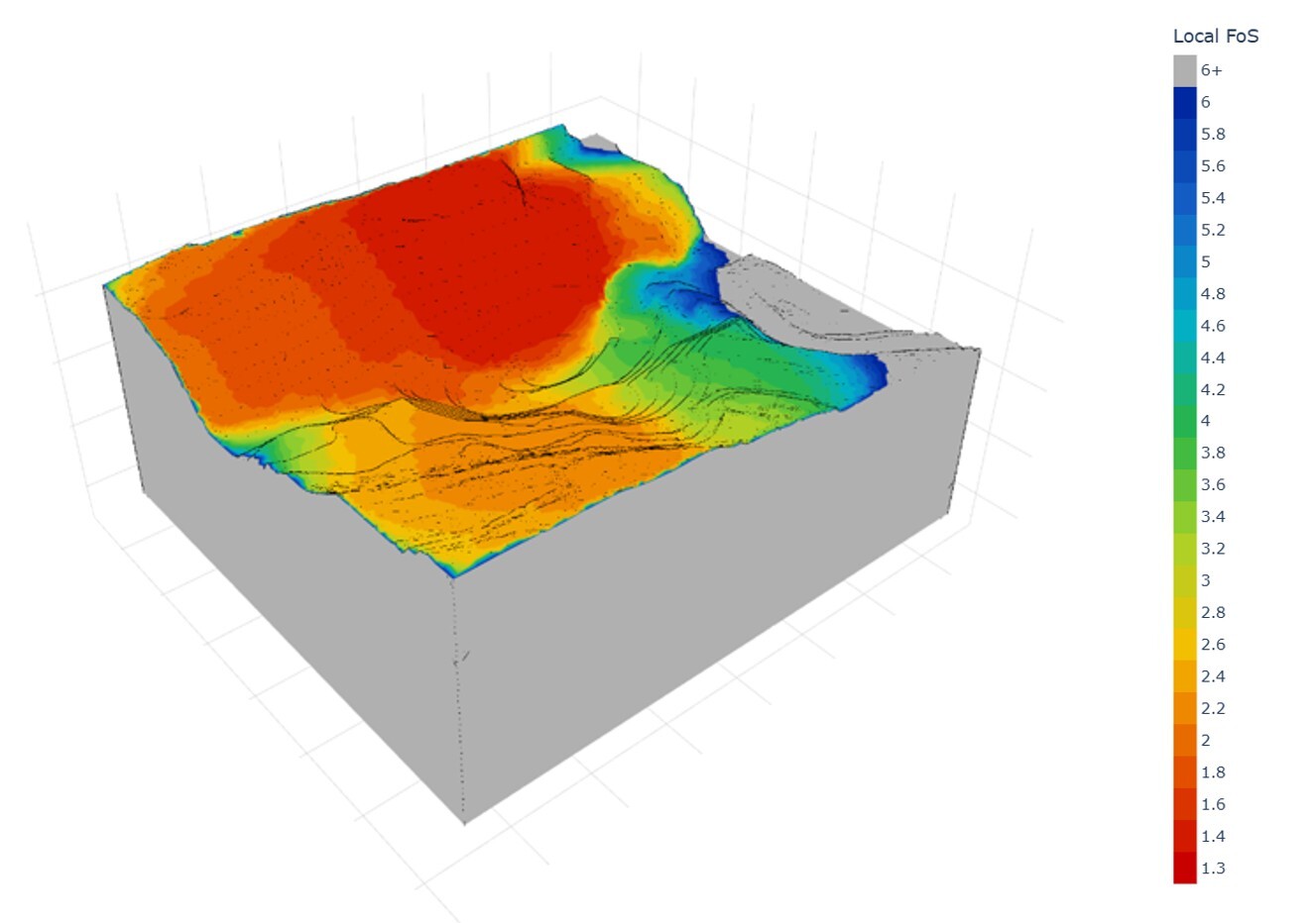 Figure 3. RS3 surface safety map: local SRF at which each surface node reaches the specified displacement threshold.