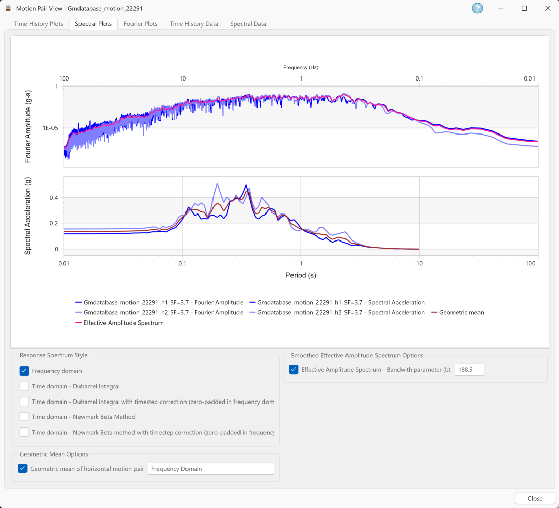 Figure 3. Spectral plot capabilities in Motion pair view including geometric mean of response spectra and smoothed Effective Amplitude Spectrum (EAS) capabilities.