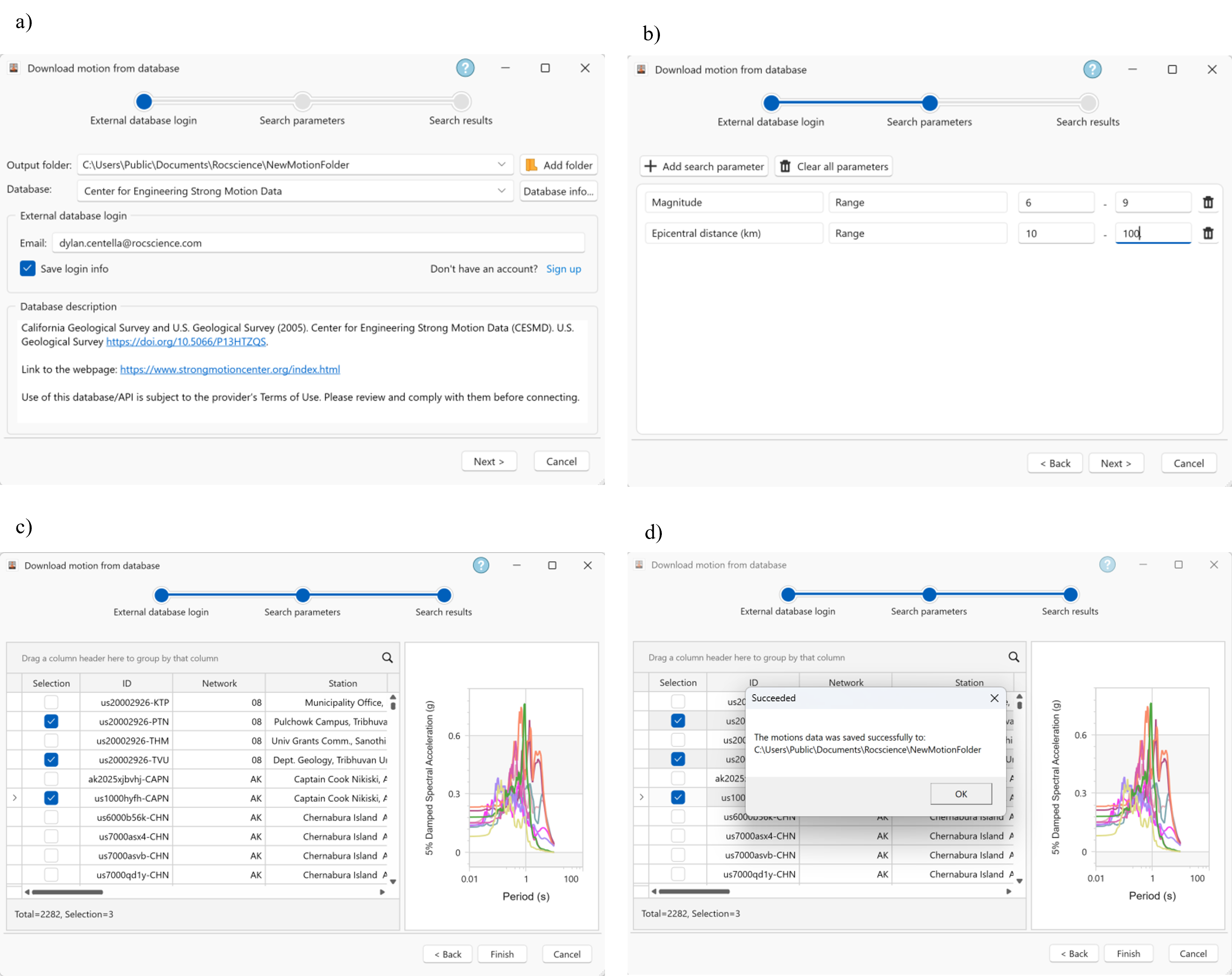 Figure 4. Ground motion pair querying from CESMD database: a) select output folder, ground motion database and login, b) define search parameters, c) select ground motions to import, and d) finish and save ground motions.