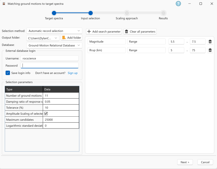 Figure 6. Input selection settings for automatic record selection, including the external database, database search parameters, and ground-motion suite selection controls.