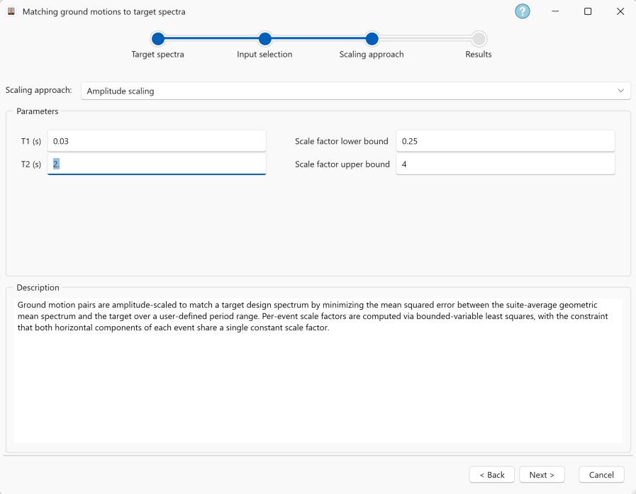 Figure 7. Ground motion scaling control parameters in record selection wizard.